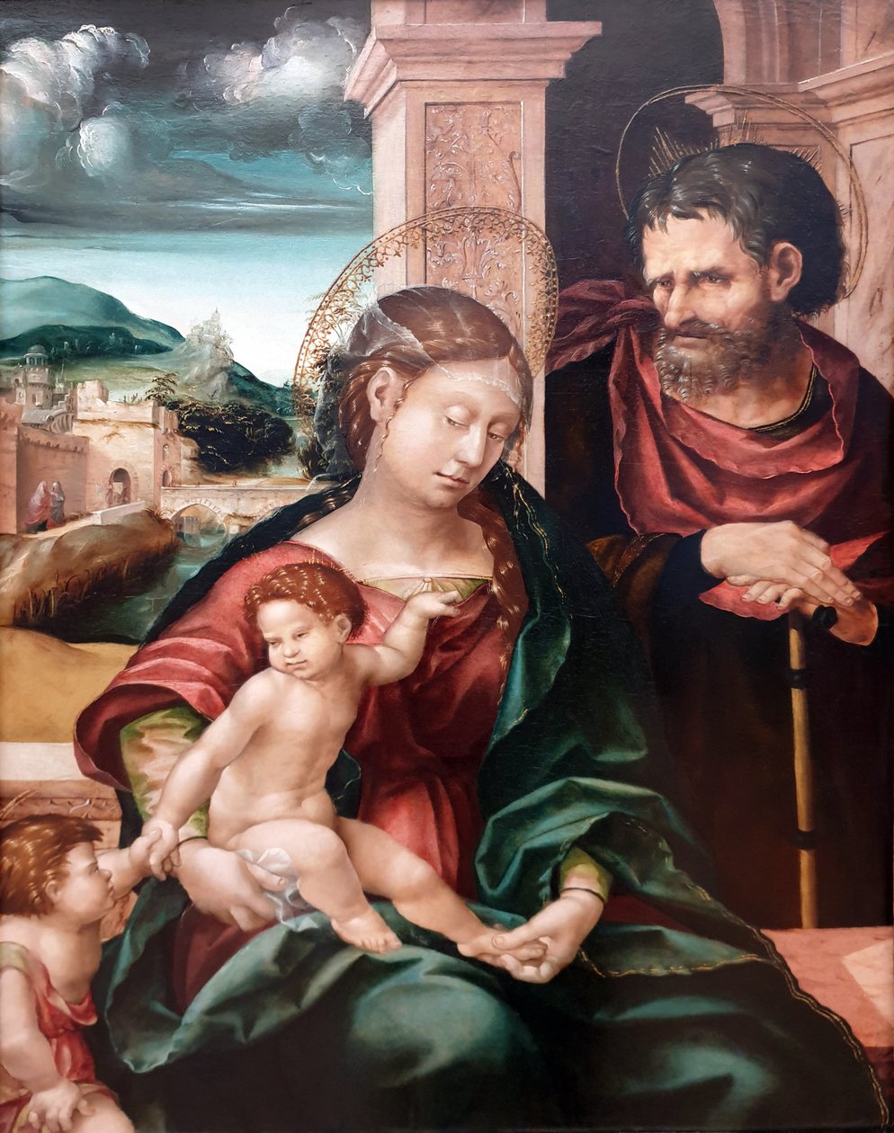 Tyska: Die Heilige Familie mit dem kleinen Johannes Den heliga familjen med Johannes Döparen som barn av Hans Burgkmair the Elder