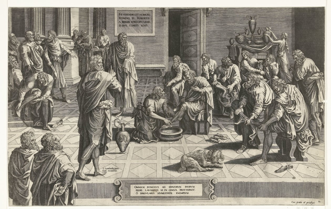 Christ wast de voeten van de discipelen Allas Herre lägger sig på knä för att tvätta sina tjänares fötter, ett exempel på enastående ödmjukhet (titel på föremål) av Hans Collaert (I) (attributed to)