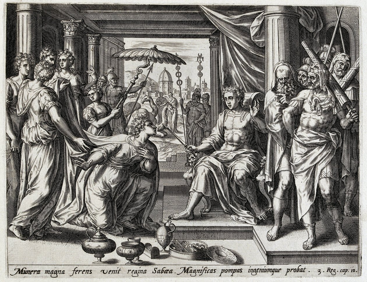 Solomon ontangt de koningin van Seba Geschiedenis van Salomo (serietitel) The History of King Salomon (...) (serietitel) Skatten av det gamla testamentets heliga historia, utvald av de mest utmärkta bilder som uttrycks i denna konst av Hans Collaert (I) (attributed to)
