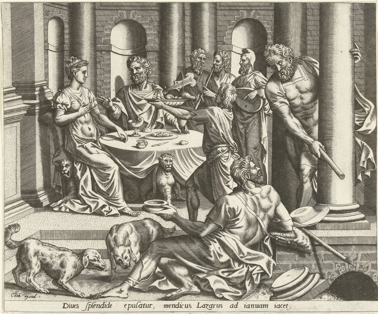 Lasarus tigger om den rike mannens hus The History of Lazarus and the Rich Man (serietitel) av Hans Collaert (I) (possibly)