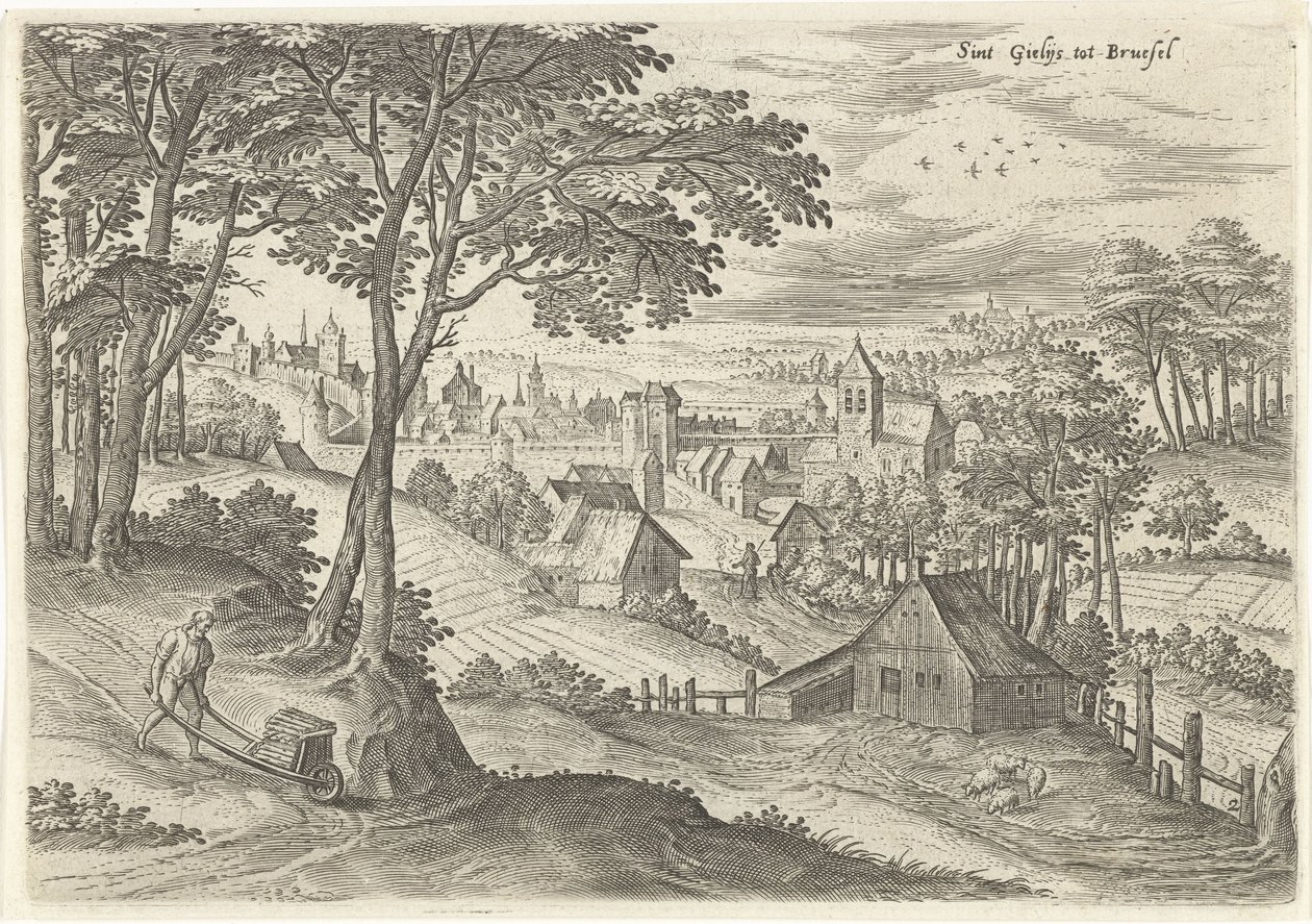 Utsikt över Saint Gilles Sint Gielijs till Bryssel (titel på objekt) Ansikten från Brysselområdet (serietitel) av Hans Collaert (I)