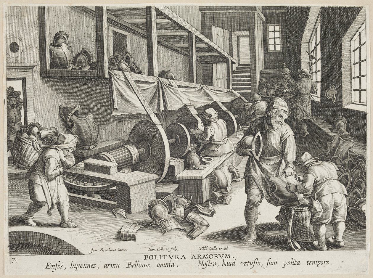 Politura Armorum (Polerande armar), plåt 17 från serien Nova Reperta (Modern Discoveries) c.1588 (gravyr på lagt papper) av Hans Collaert