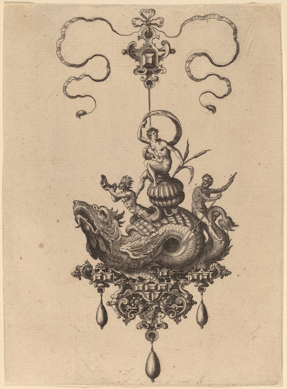 Design för ett hänge med havsmonster som bär en kvinna på ett skal flankerat av en Triton och en man med en åra av Hans Collaert the Elder