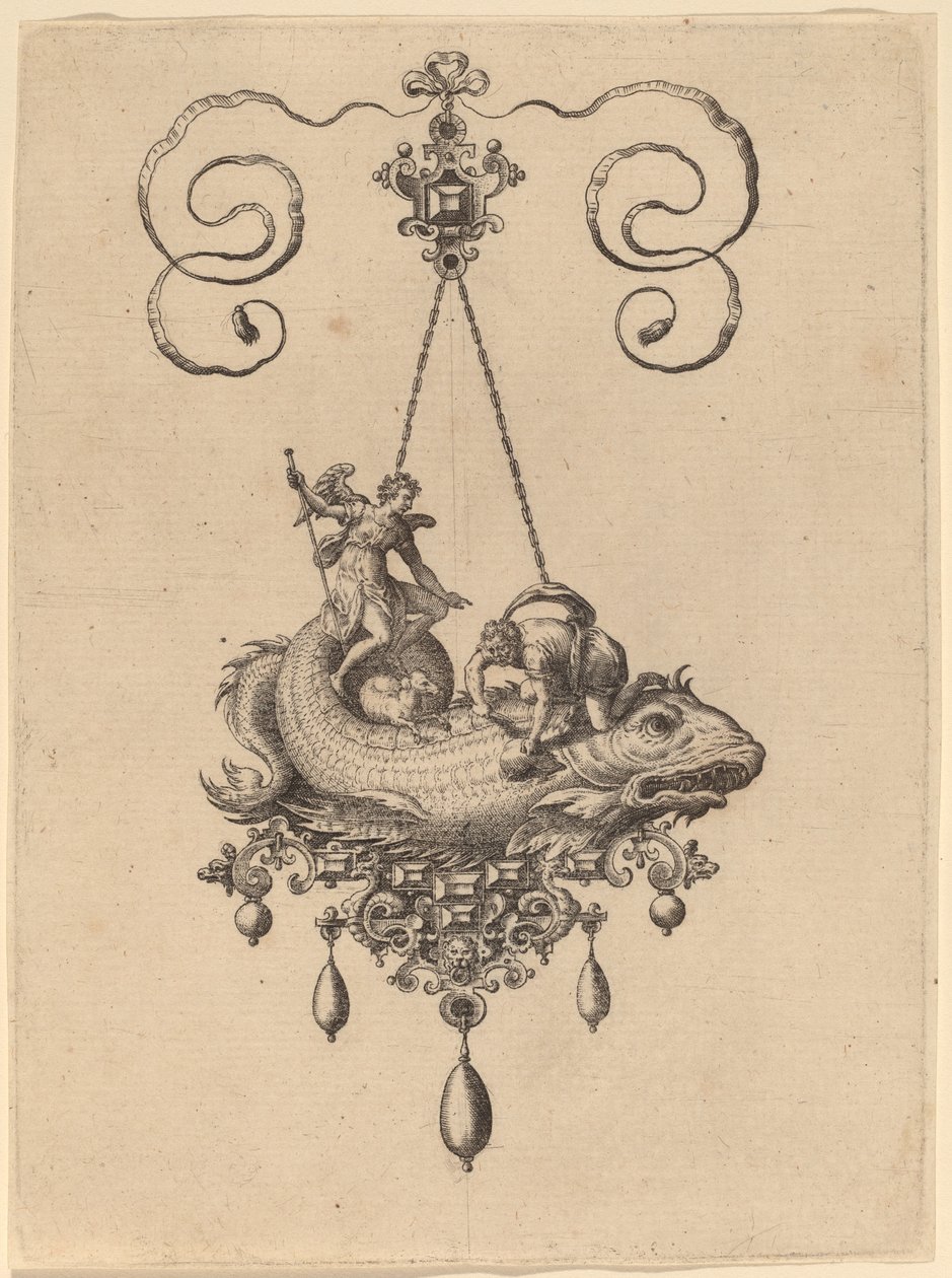 Design för ett hänge med en fisk som bär Tobias och ängeln av Hans Collaert the Elder