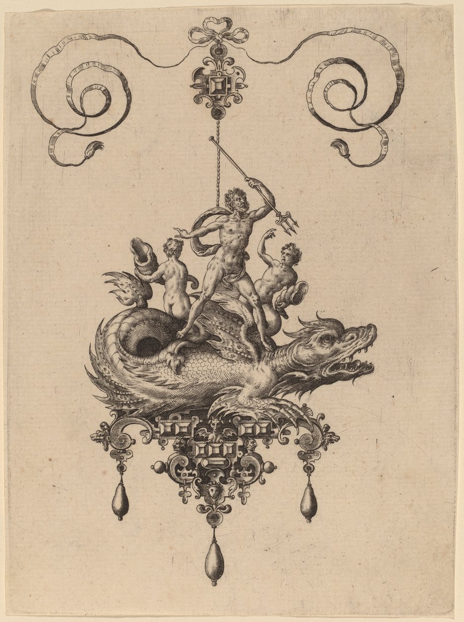 Design för ett hänge med ett havsmonster som bär Neptunus flankerad av två figurer av Hans Collaert the Elder