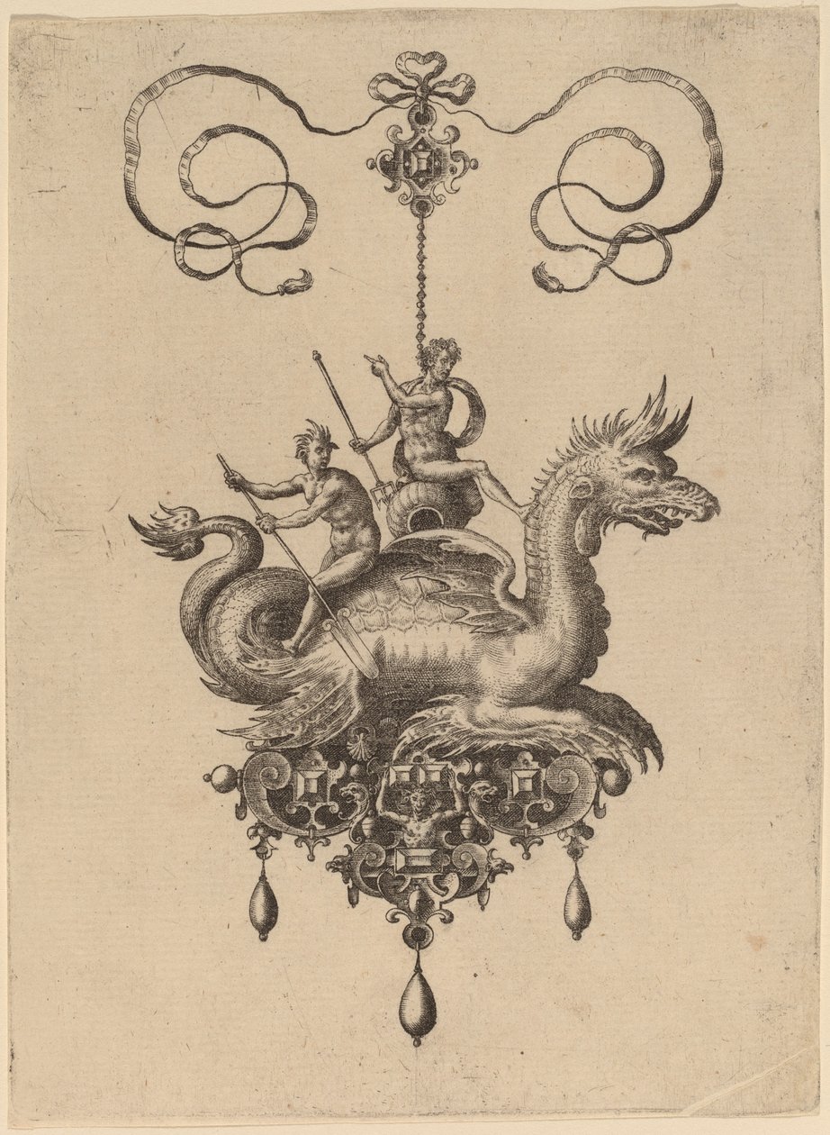 Design för ett hänge med ett havsmonster som bär Neptunus på en urna flankerad av en flodgud med en åra av Hans Collaert the Elder