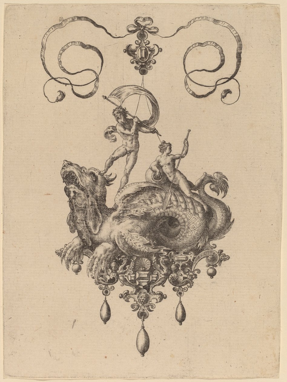 Design för ett hänge med ett havsmonster som bär Thetis och en man med ett segel av Hans Collaert the Elder