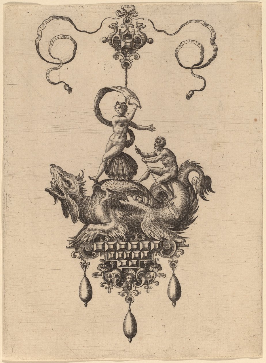 Design för ett hänge med ett bevingat havsmonster som bär Venus Anadyomene på ett skal och en man med en åra av Hans Collaert the Elder