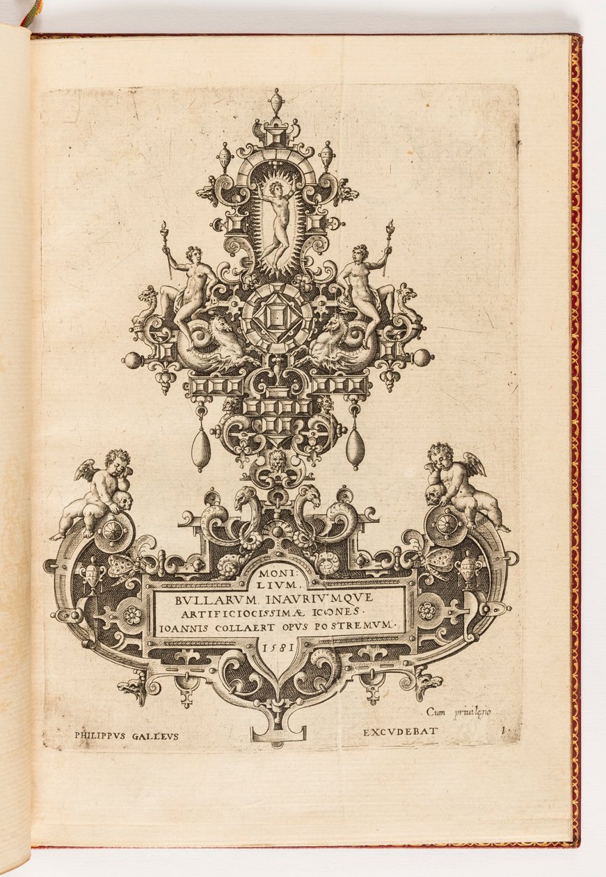 Platta 1, titelsida från en svit om tio, med titeln Monilium Bullarum Inauriumque Artificocissimae Icones, Ioannis Collaert Opus Postremum (Designer för halsband, hängen och örhängen av högsta skicklighet, det slutliga verket av Joannis Collaert) av Hans Collaert the Elder