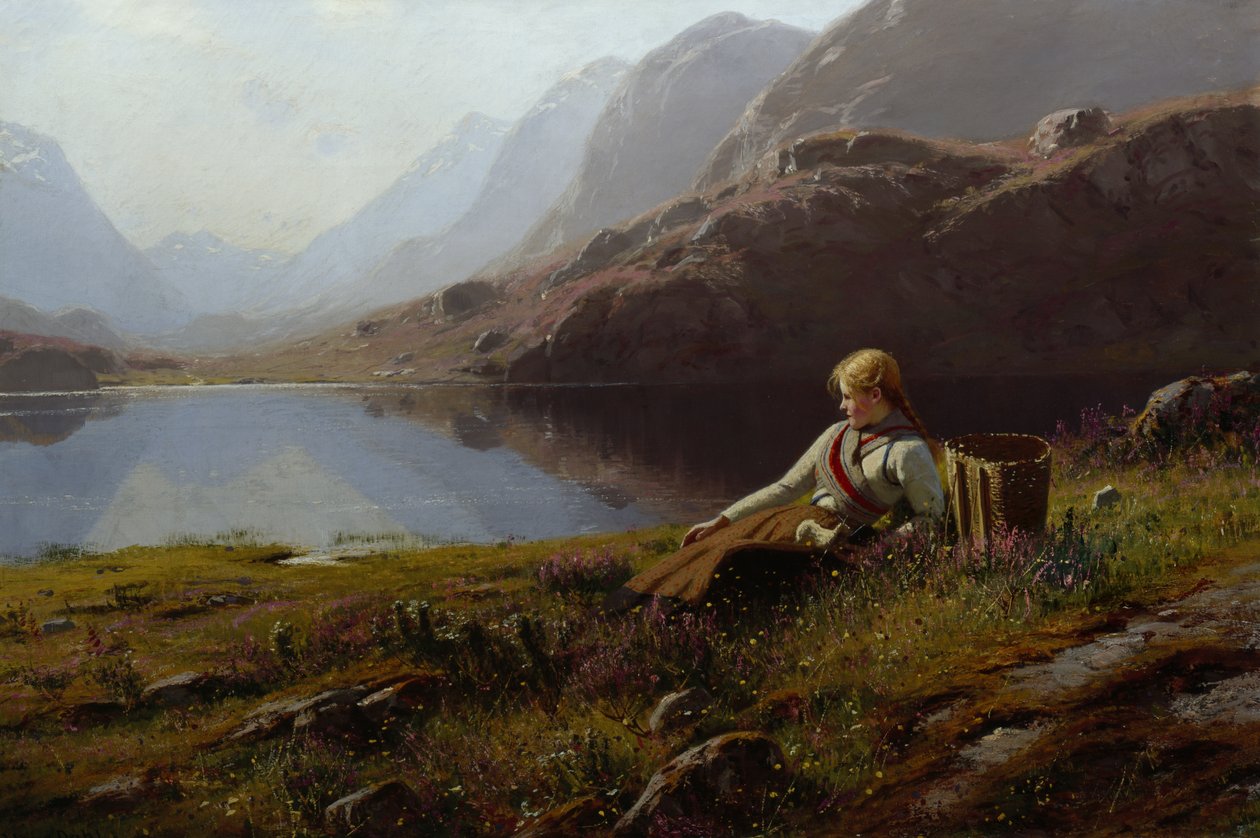 Girl Knitting by the Mountain Lake (olja på duk) av Hans Dahl