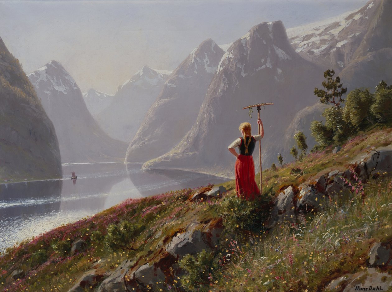 Flicka med en kratta i fjordlandskap av Hans Dahl