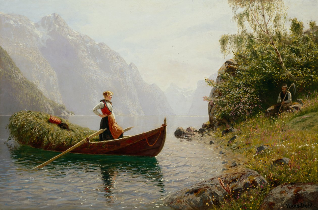 Kvinna och man i fjordlandskap av Hans Dahl