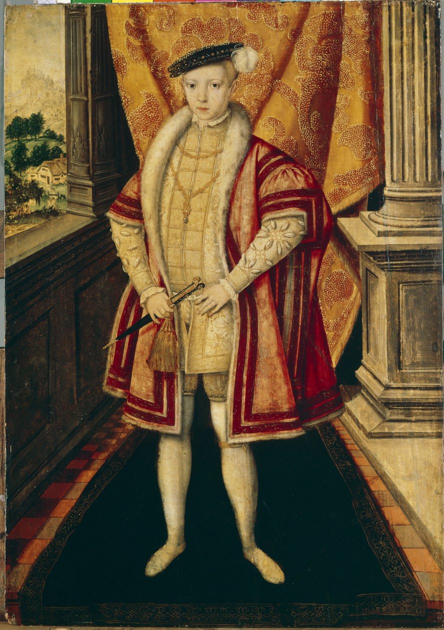Porträtt av kung Edward VI (1537-1553) av England och Irland (Porträtt av kung Edward VI av England). tredje suverän av Tudordynastin, han är den första protestantiska suveränen som bestiger tronen. Målning av Hans Eworth (Ewouts) (cirka av Hans Eworth or Ewoutsz