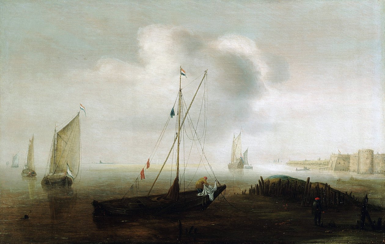 En fiskebåt med holländsk flagga, med seglet nere, nära stranden, en figur på båten, klädd i en gul regnrock, manipulerar seglet av Hans Goderis