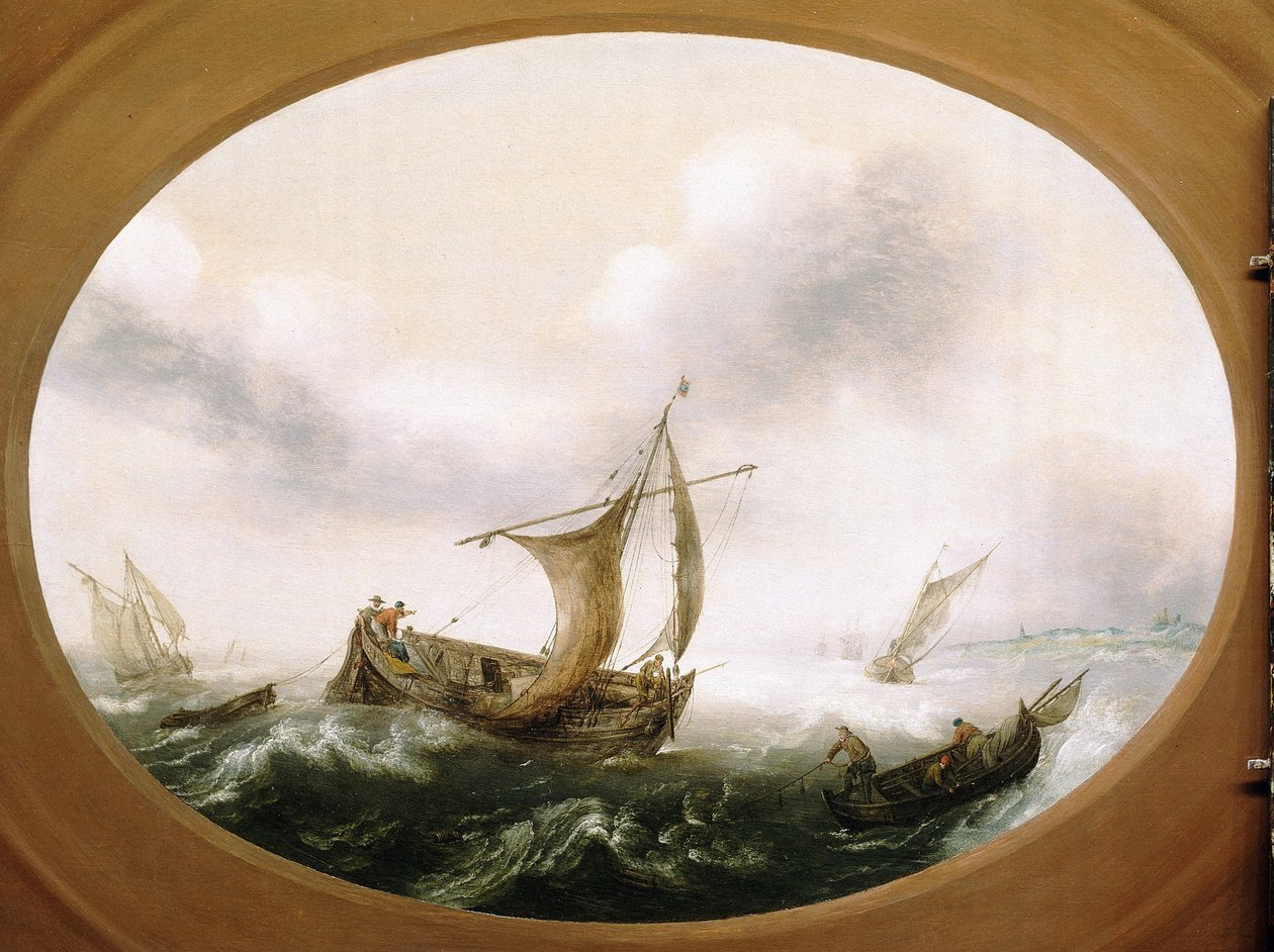 Holländska fiskebåtar fångade i en stor bris, en mindre båt, seglar ner, till höger, med fiskare som drar näten av Hans Goderis