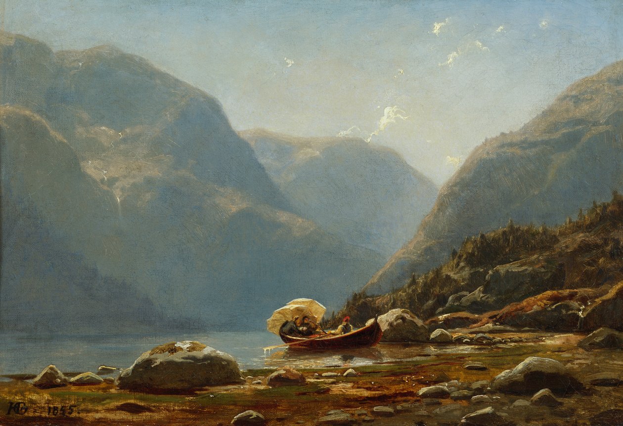 Fjordlandskap med människor i roddbåt av Hans Gude