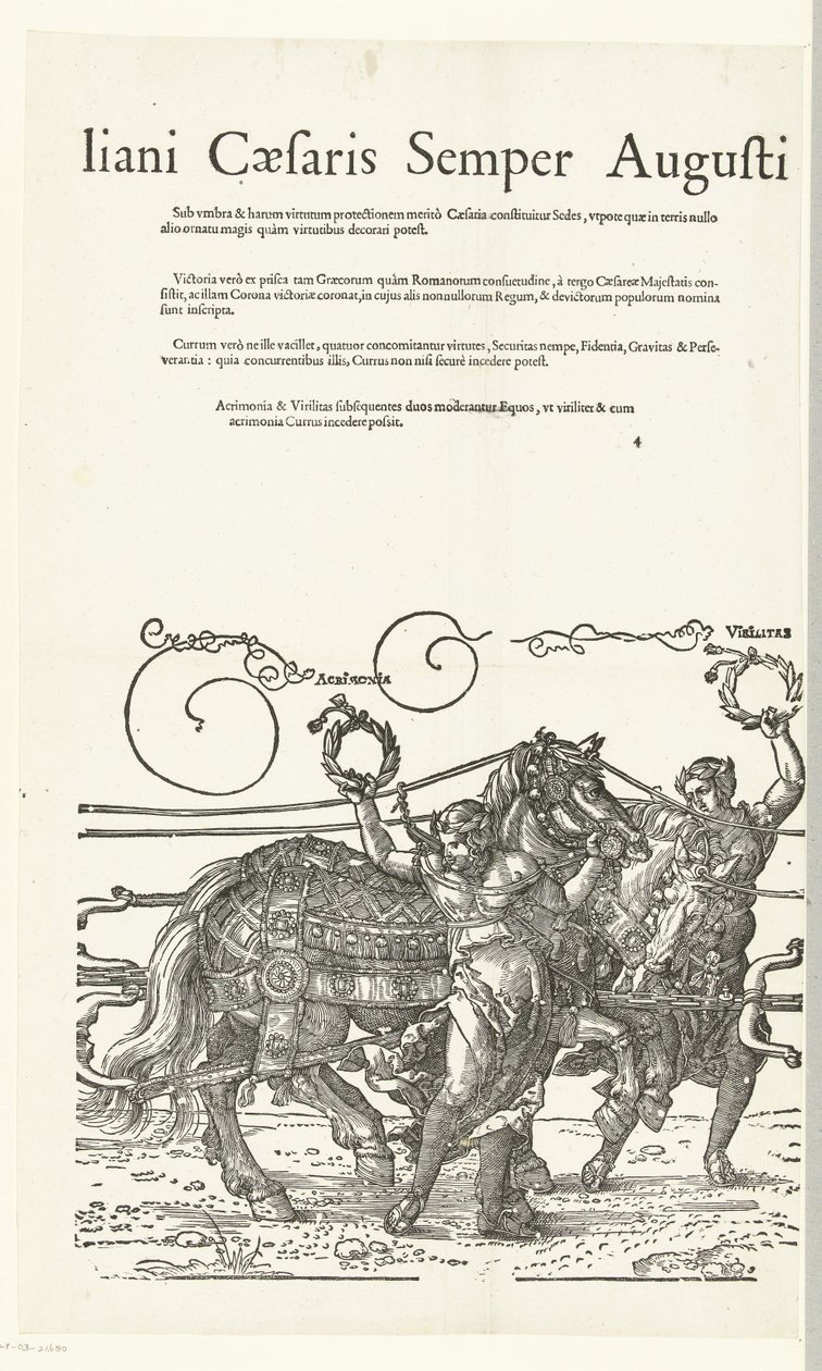 Triomfwagen van keizer Maximiliaan I Kopiering till Dürers Triomfwagen för keizer Maximiliaan I (serietitel) Detta är en triumfvagn för att hedra Invictus. Och den äroligaste Prins D. Maximilianus Caesaris Semper Augustus, Och genom Albertus av Hans Guldenmund