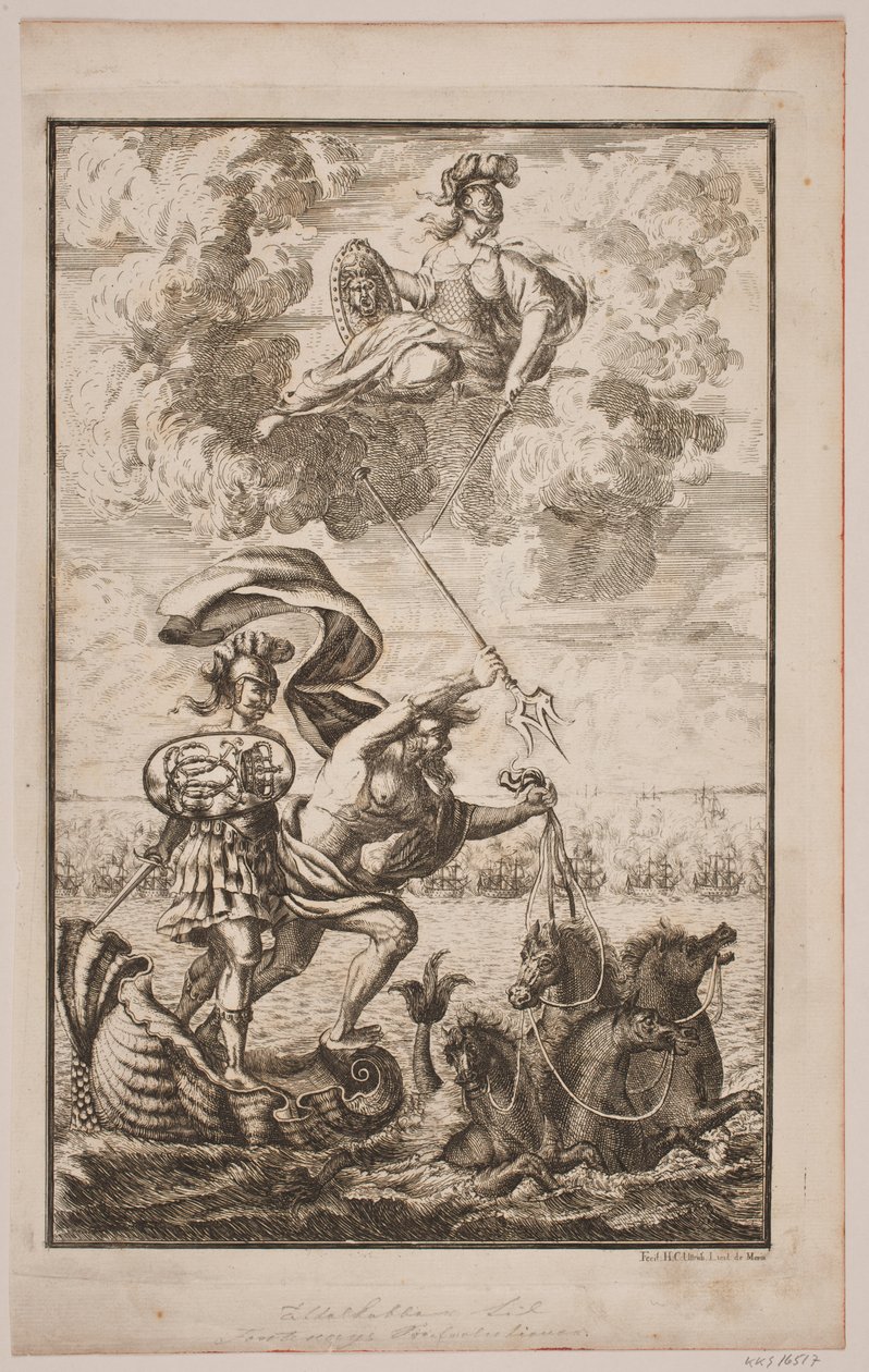 Neptunus rusar över havet. Titelsida för Fontenay, "Söe-Evolution"; Köpenhamn 1743 av Hans Henrich Christian Ulrich