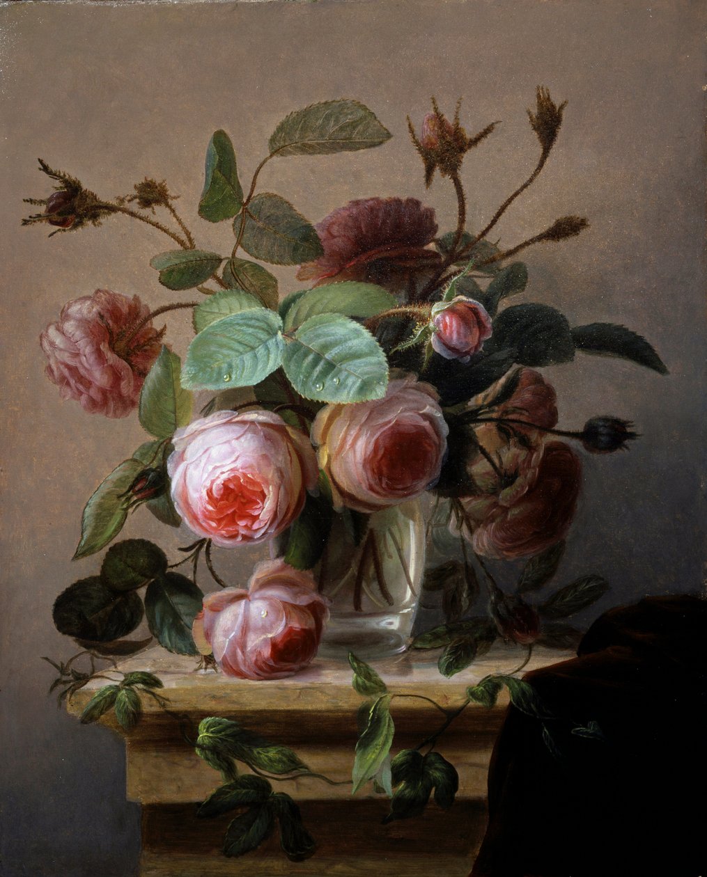 Stilleben med rosa rosor i glasvas. Målning av Hans Hermann (1813-1890) Privat samling. av Hans Hermann