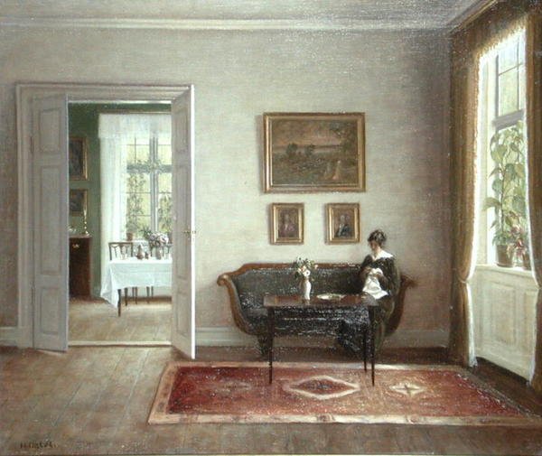 Interiör med sittande figur (olja på duk) av Hans Hilsoe