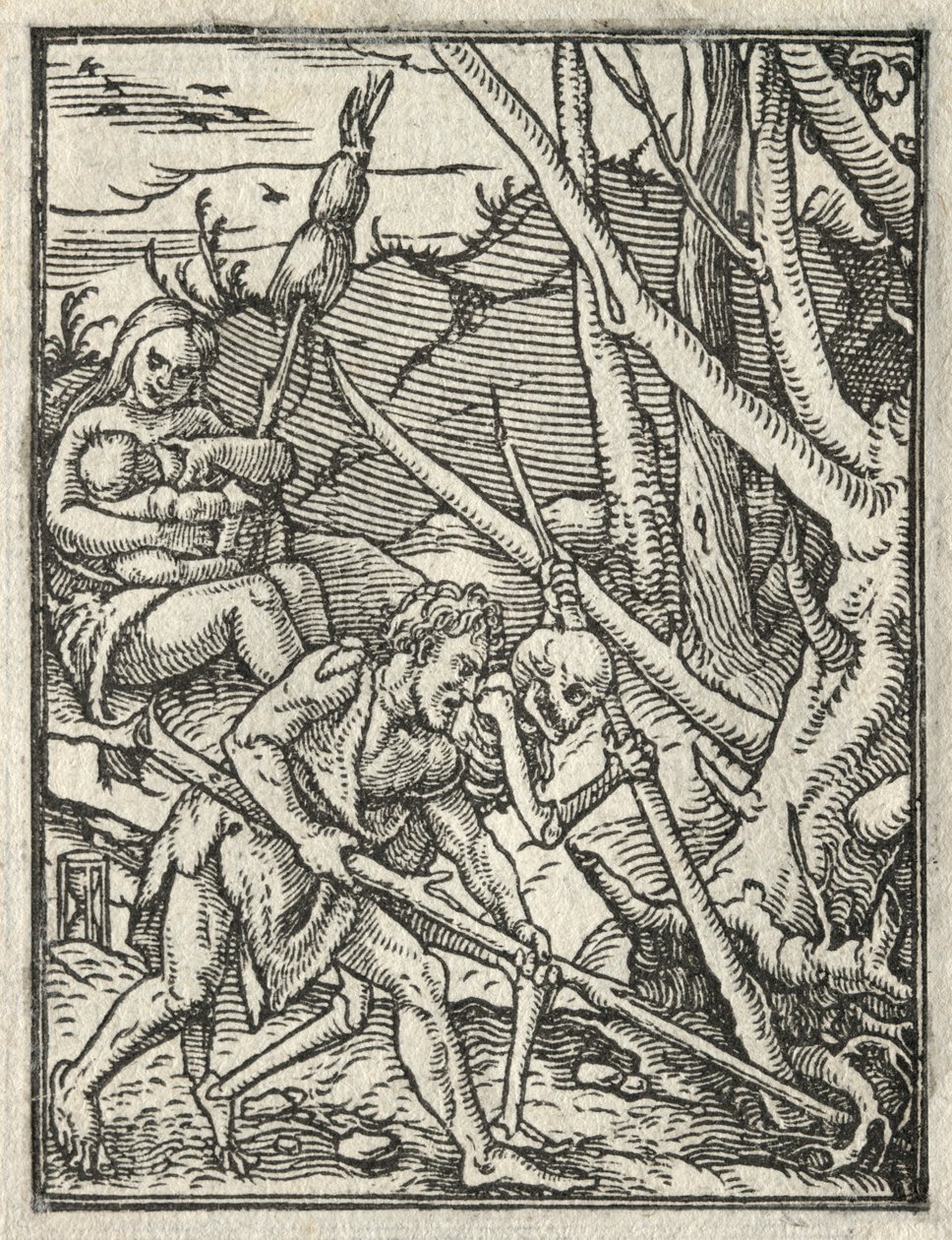 Dödsdansen: Utvisning från paradiset, Adam kultiverar jorden. av Hans Holbein
