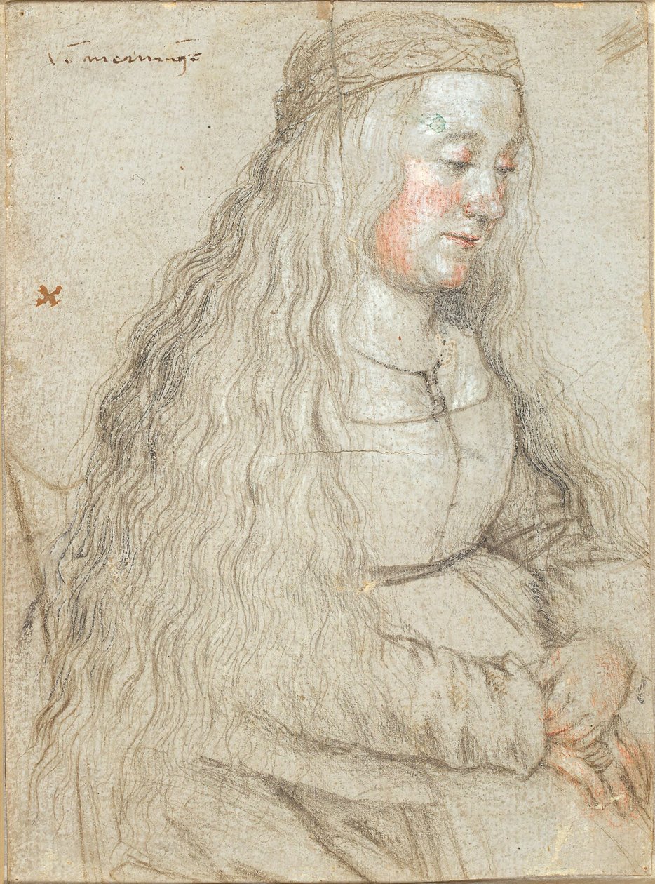 Sittande brud med flödande hår och pannband av Hans Holbein d.Æ.