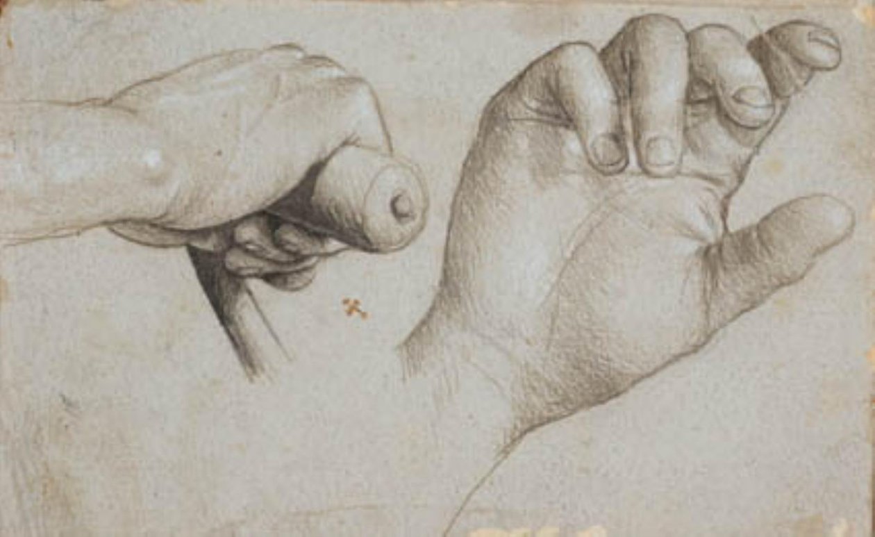 Studier av en armborstsmans hand och av St Sebastians högra hand av Hans Holbein d.Æ.