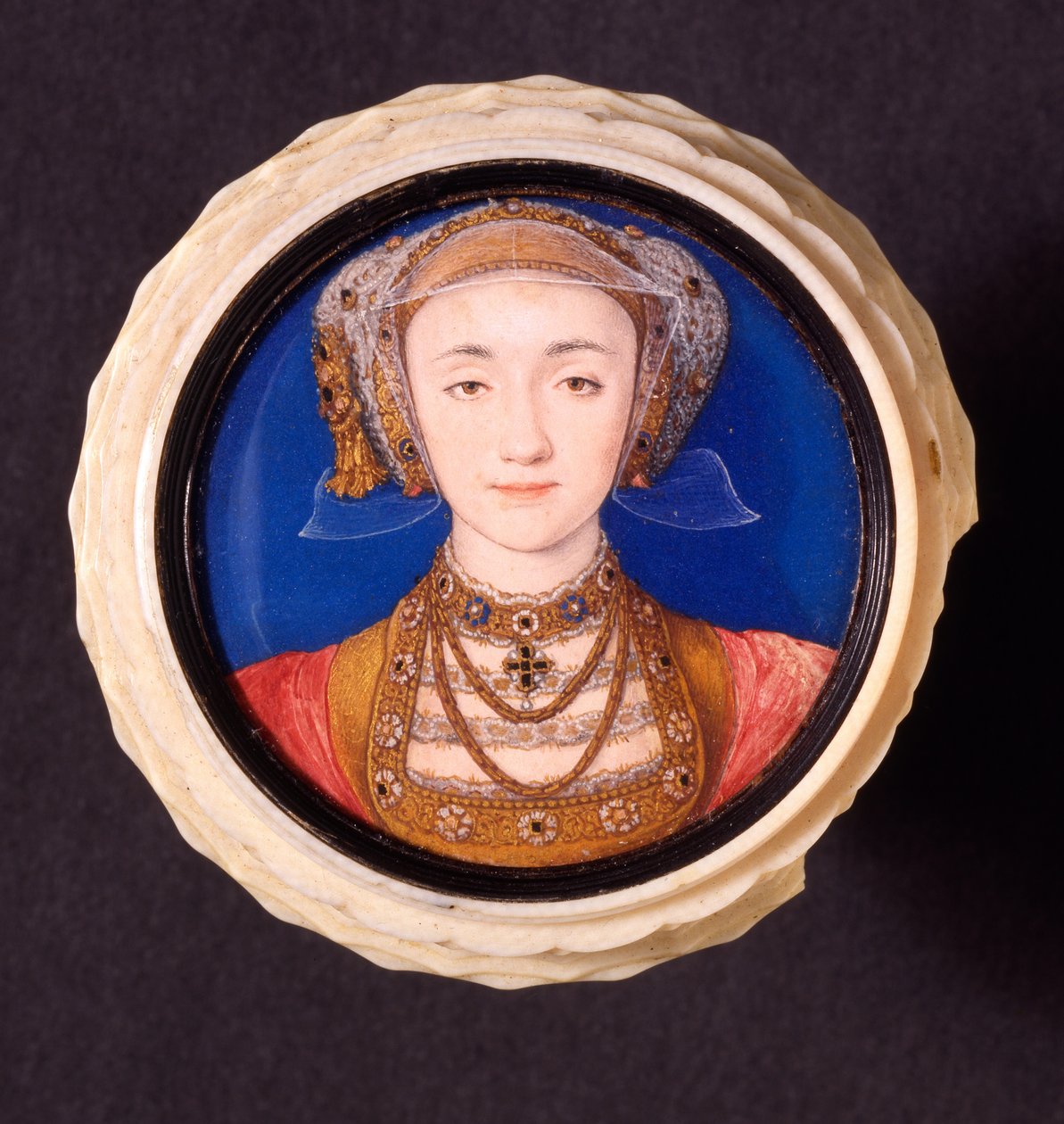 Anne av Cleves, 1539 (wc på pergament monterat på elfenben) av Hans Holbein der Jüngere