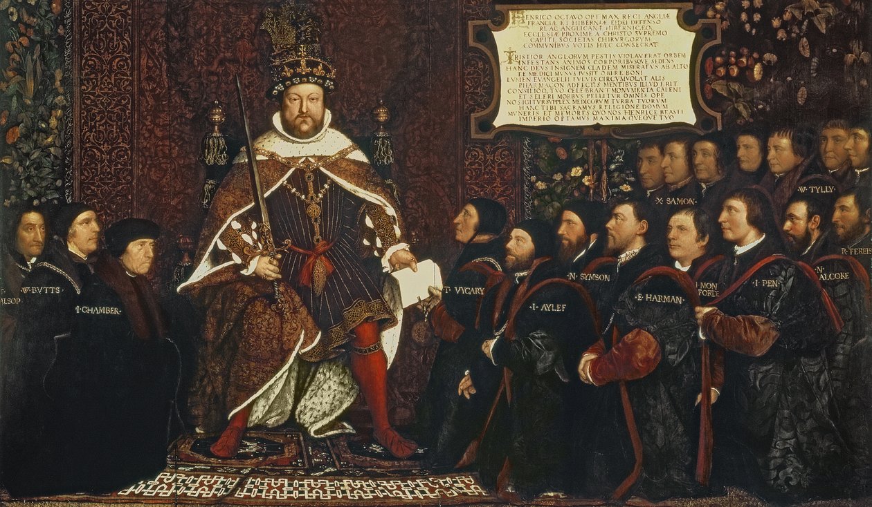 Henry VIII överlämnade en stadga till Thomas Vicary, till minne av anslutningen av Barbers and Surgeons Guilds, 1541 av Hans Holbein der Jüngere