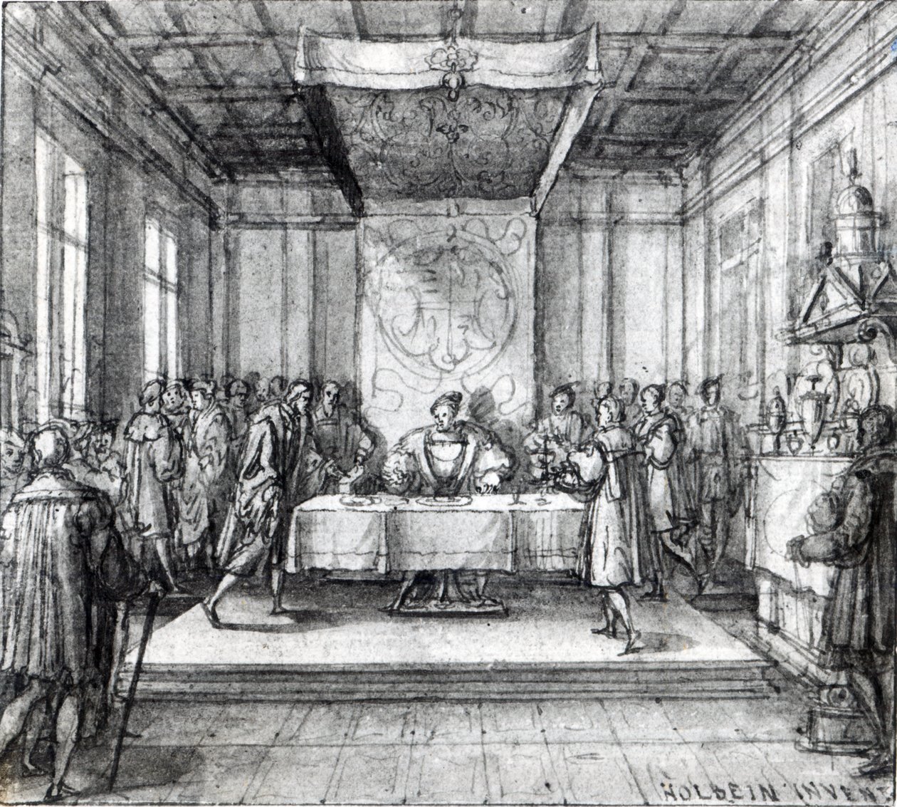 Henrik VIII i sin hemliga kammare (penna, bläck och tvätt på papper) av Hans Holbein der Jüngere