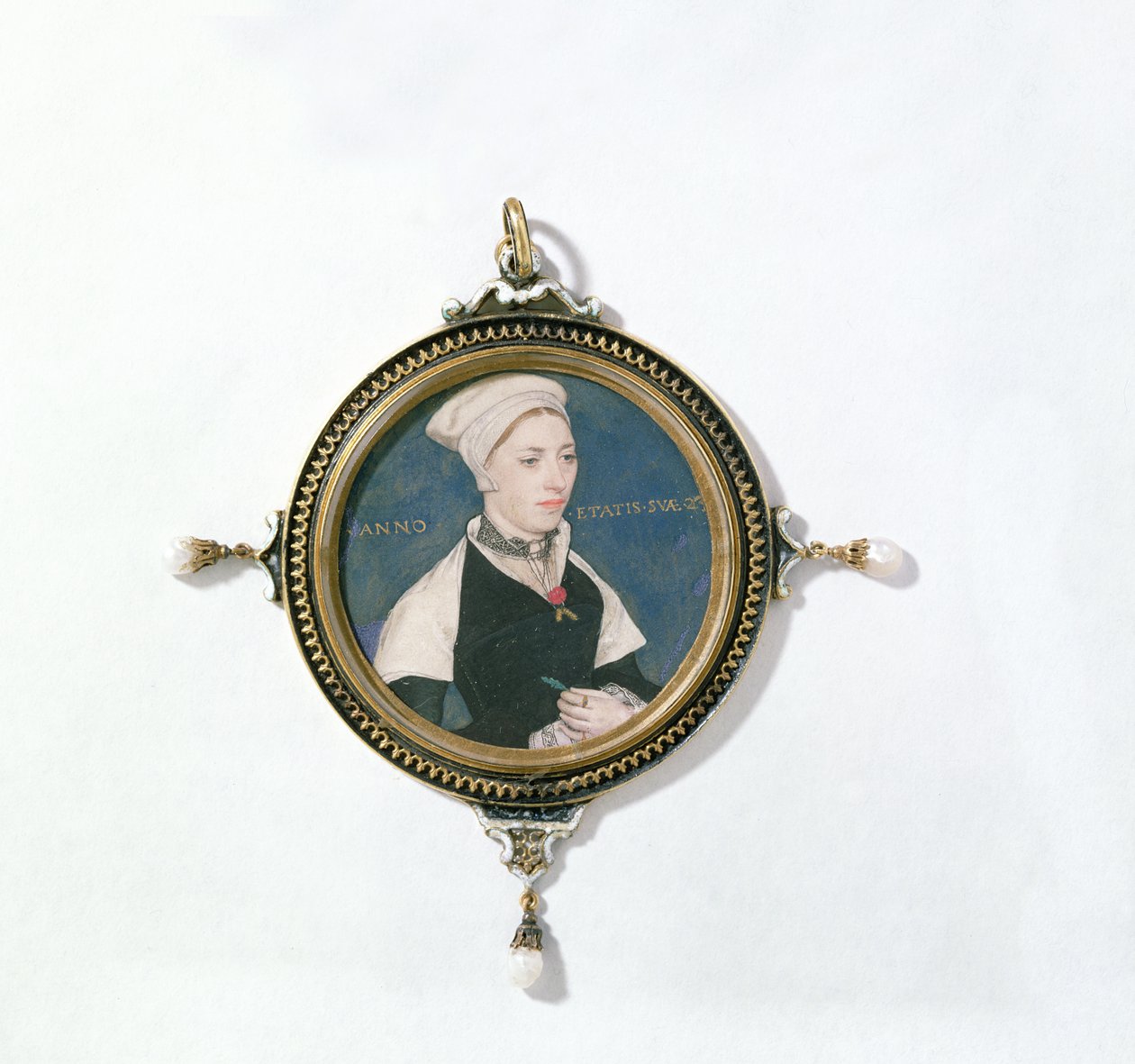 Jane Small, tidligere kendt som Mrs. Robert Pemberton, ca. 1540 (wc på vellum monteret på spillekort) (detaljer fra 14732) swed av Hans Holbein der Jüngere