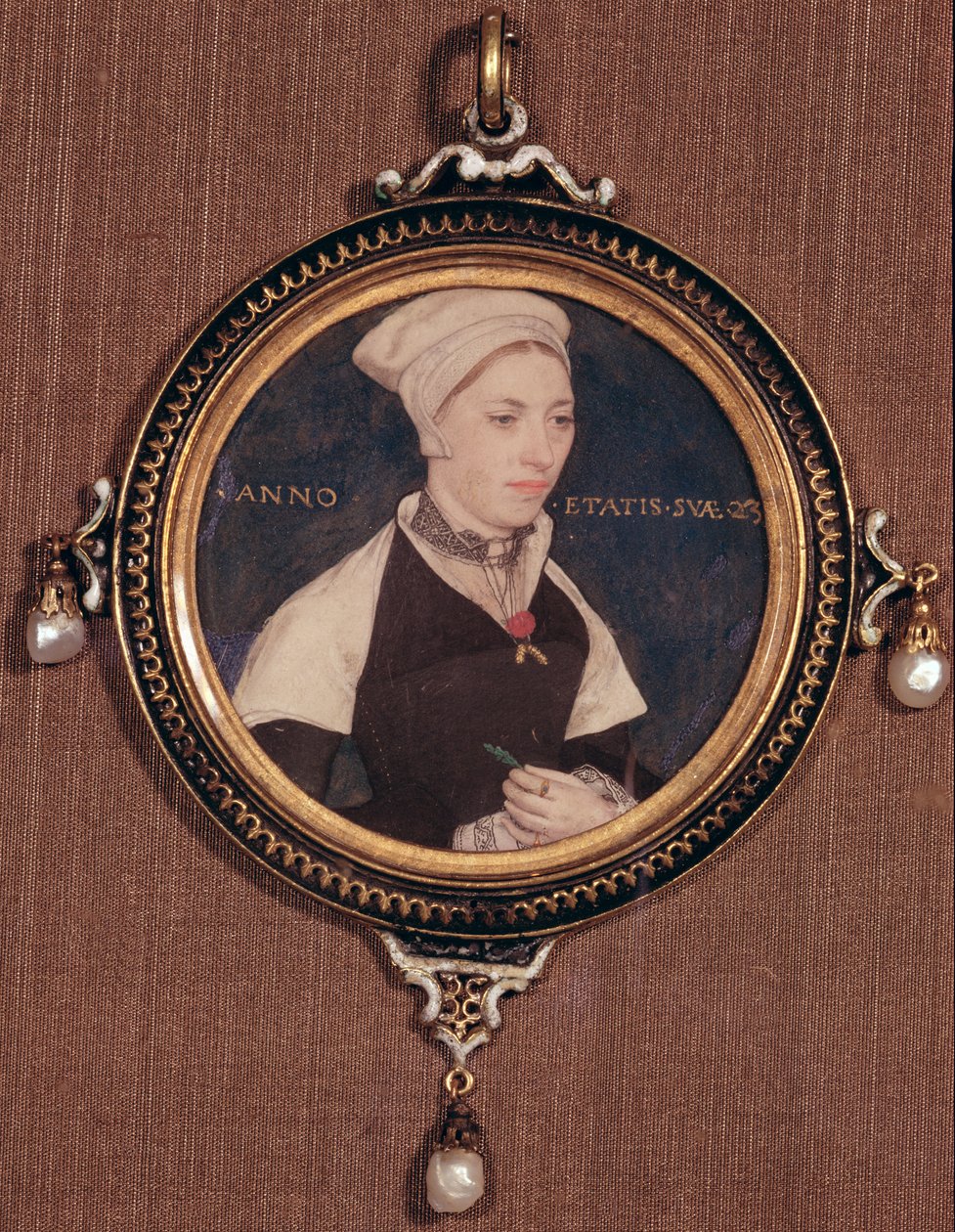 Miniatyrporträtt av Jane Small, tidigare känd som Mrs. Robert Pemberton, ca 1540 (wc på veläng monterat på spelkort) av Hans Holbein der Jüngere