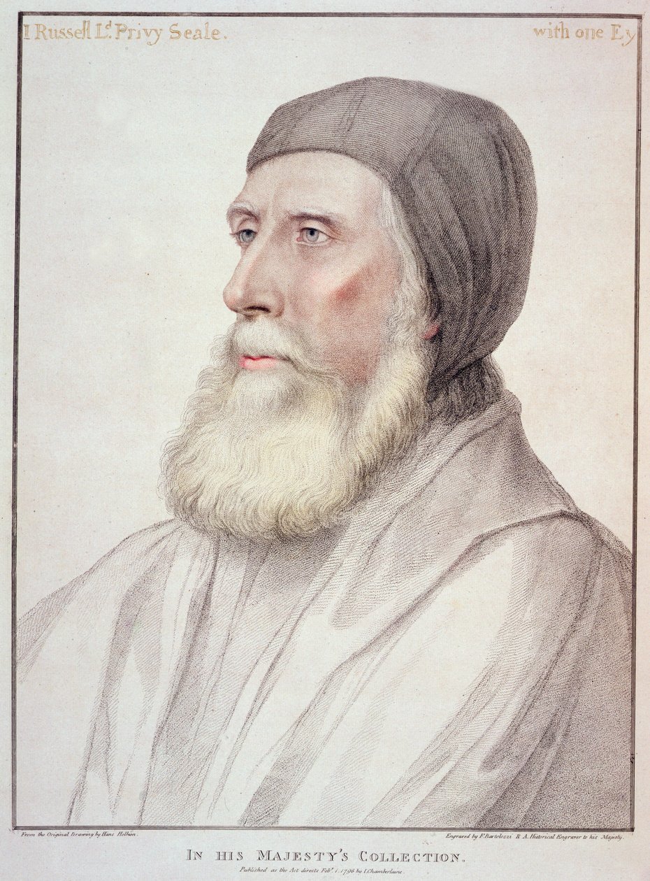 Porträtt av John Russell 1:e earl av Bedford (1485-1555) graverad av Francesco Bartolozzi (1727-1815) av Hans Holbein der Jüngere