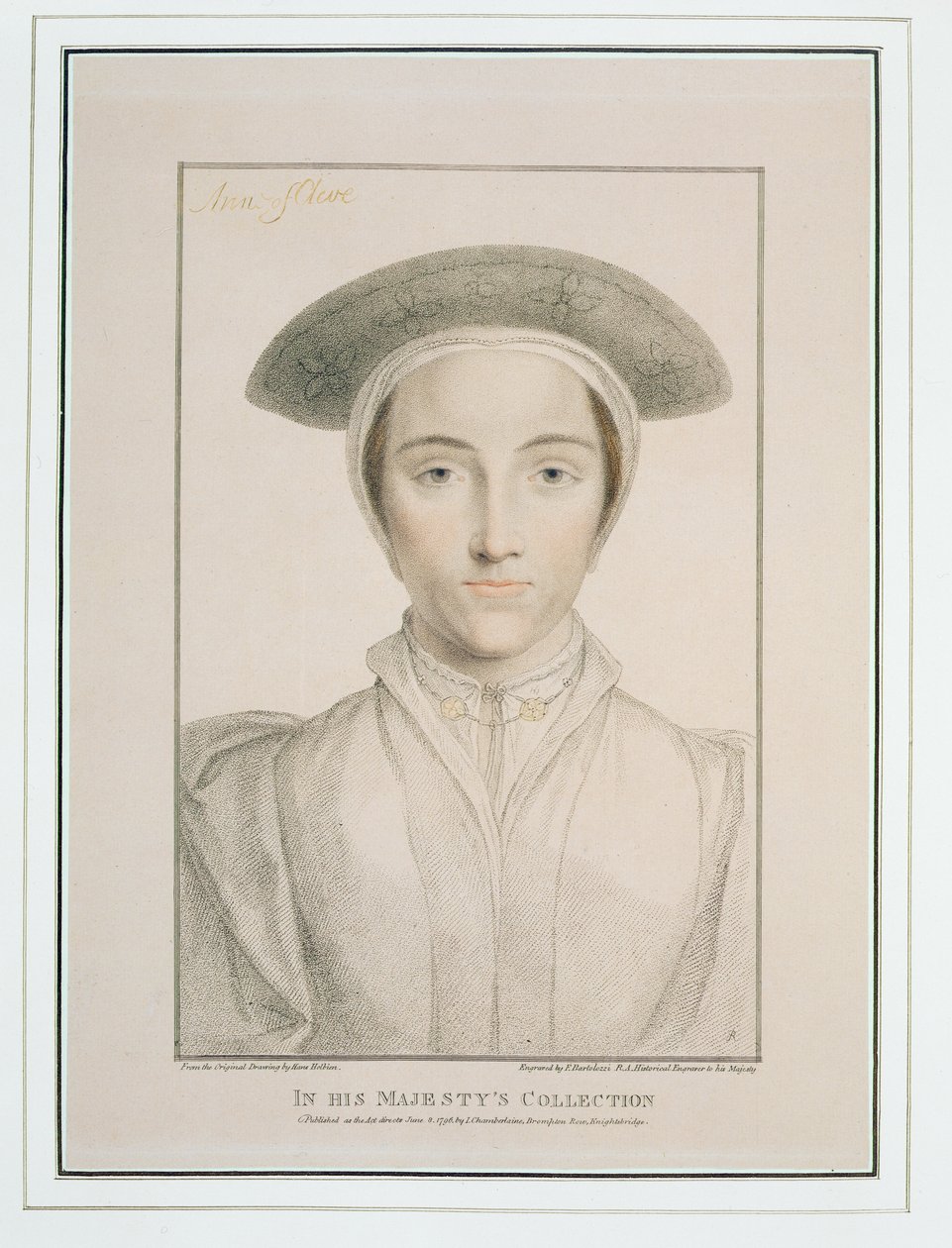Porträtt av drottning Anne av Kleve (1515-57), graverat av Francesco Bartolozzi (1727-1815), publicerat 1796. av Hans Holbein der Jüngere