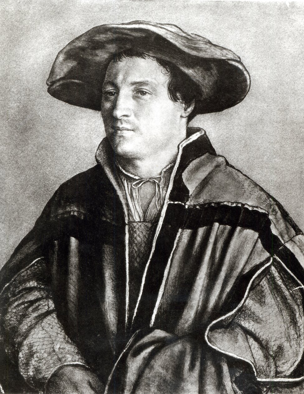 Porträtt av en man med röd hatt, ca 1530 (krita och wc på papper) av Hans Holbein der Jüngere