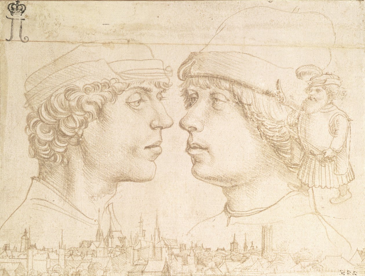Porträtt av två ungdomar, en dvärg och en stadsbild, ca 1514 (silverpoint) av Hans Holbein der Jüngere
