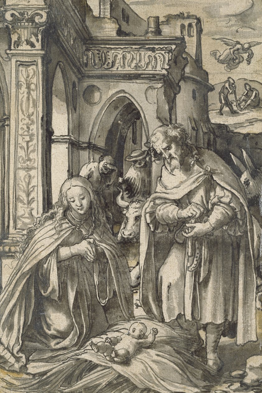 The Nativity (pensel och indiskt bläck med grå tvätt) av Hans Holbein der Jüngere