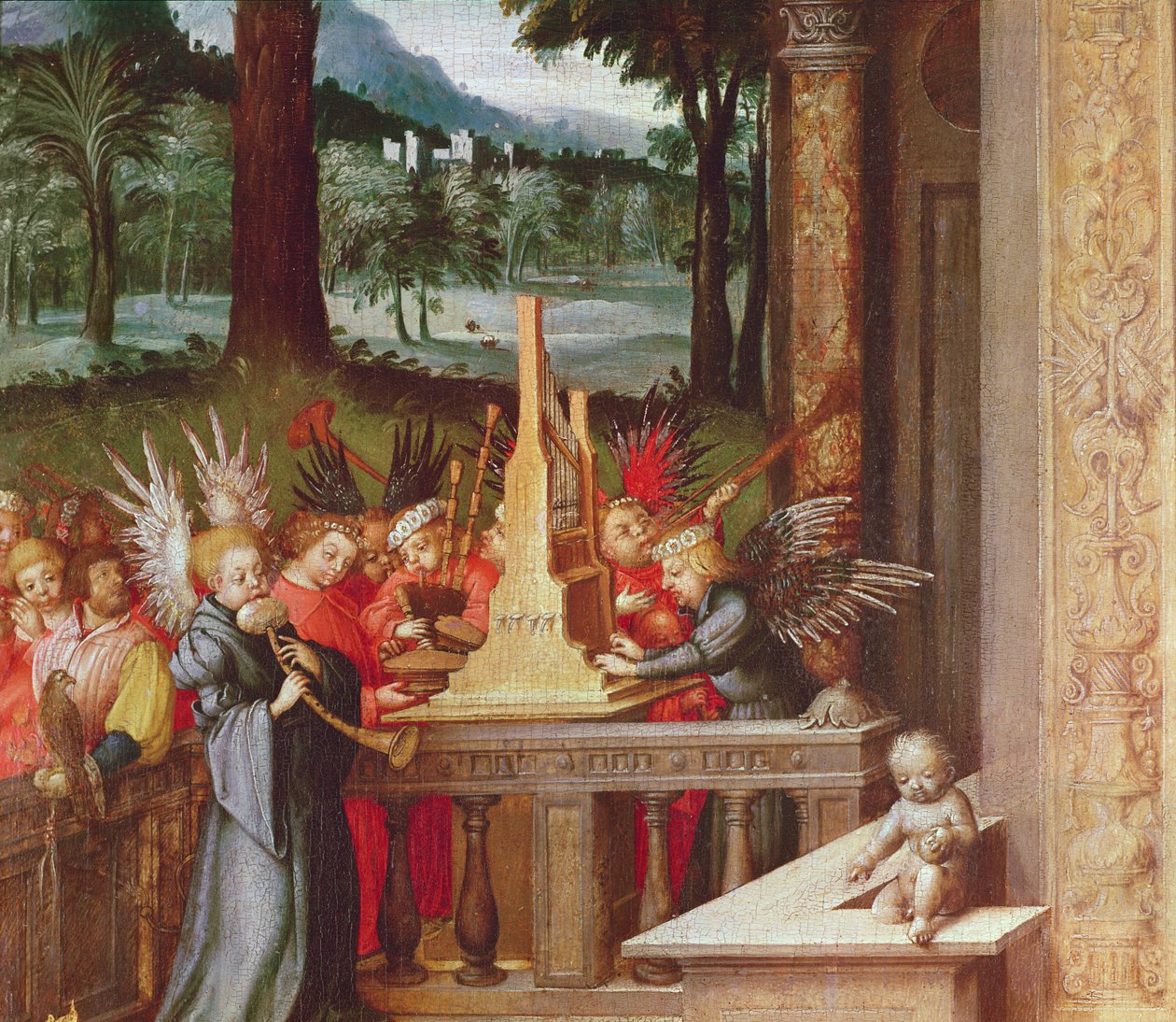 Jungfru, barn och helgon detalj av änglar som spelar orgel, 1519 olja på ek av Hans Holbein the Elder