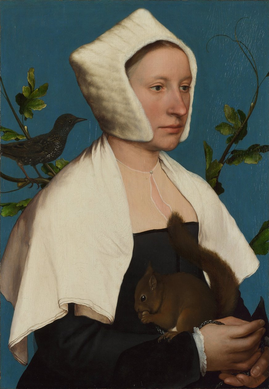 En dam med en ekorre och en stare Anne Lovell, ca. 1527 av Hans Holbein der Jüngere