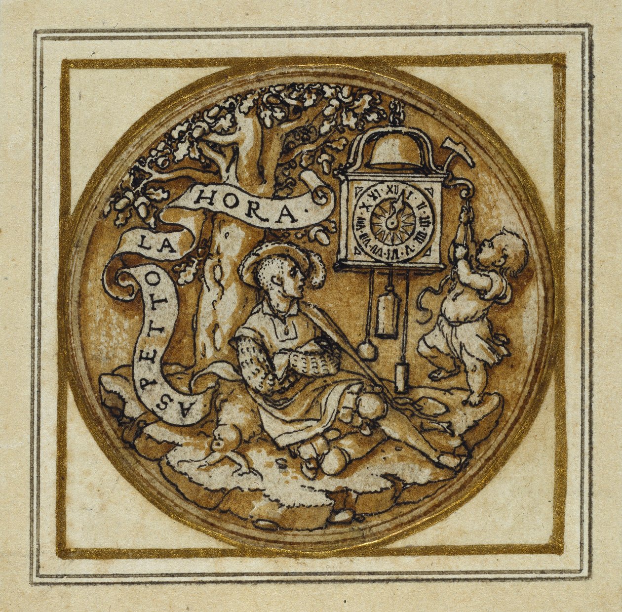 Allegory of Time - Design för ett hänge eller hattmärke, c.1532-43 (penna och bläck på papper) av Hans Holbein der Jüngere