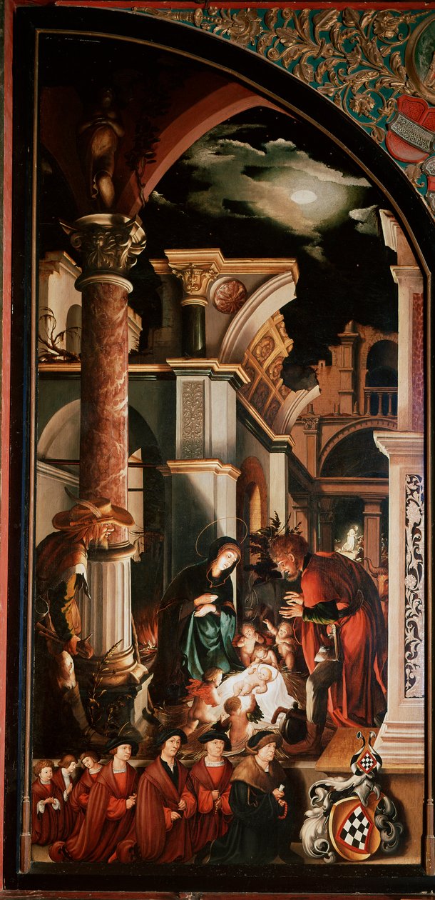 Altartavla Oberried: ”The Adoration of Shepherds”” Detrempe på trä av Hans Holbein den unge (1497/8-1543) 1521-1522 Sön. 231x109 cm Cathedrale de Fribourg, Schweiz av Hans Holbein der Jüngere