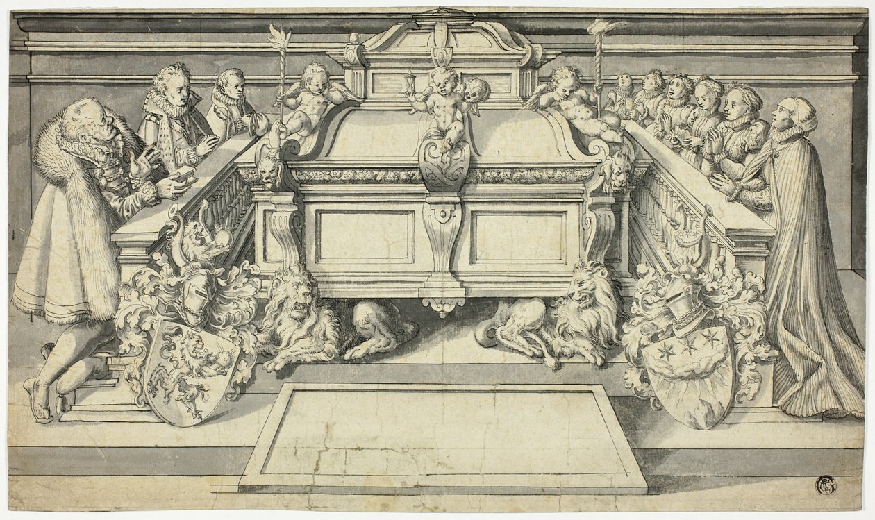 Design för epitafium: Familjemedlemmar knäböjer inför graven av Hans Holbein the Younger