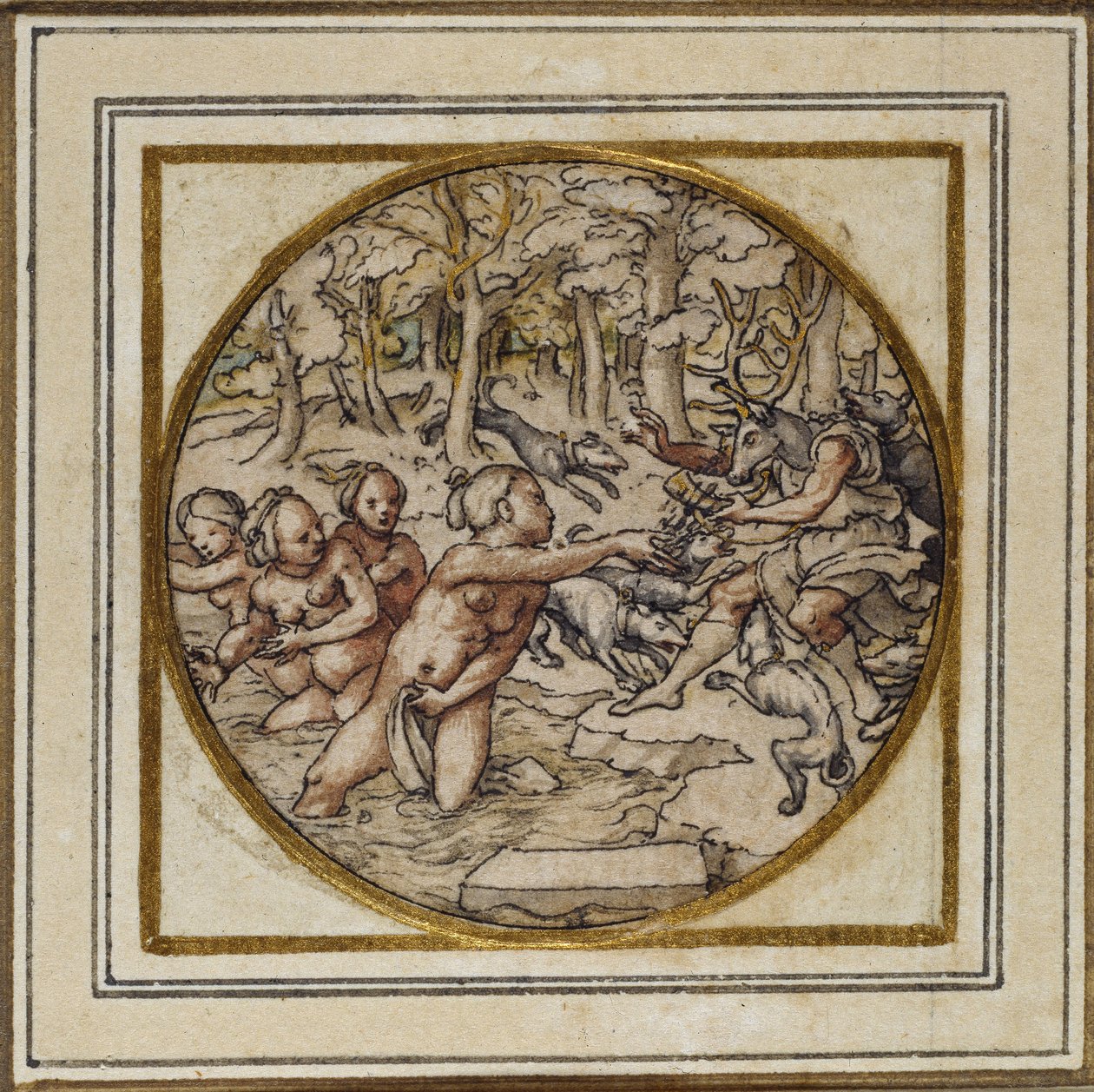 Diana och Actaeon - Design för ett hänge eller hattmärke, c.1532-43 (penna och bläck på papper) av Hans Holbein der Jüngere