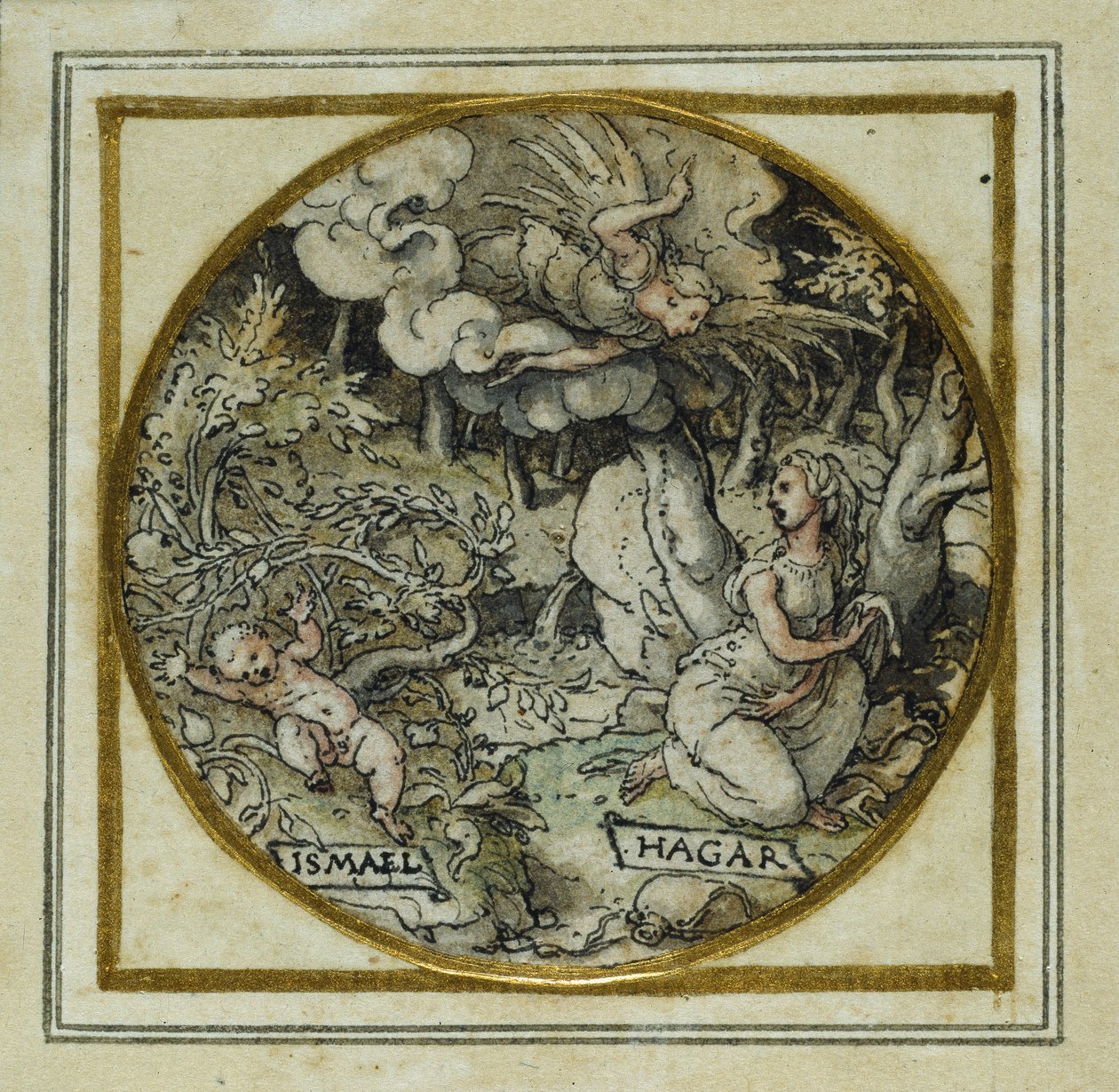 Hagar och Ishmael - Design för ett hänge eller hattmärke, c.1532-43 (penna och bläck på papper) av Hans Holbein der Jüngere