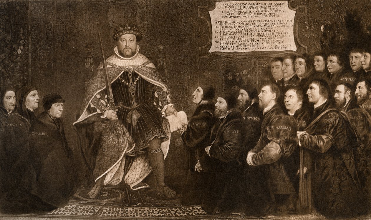 Henry VIII, beviljande av en stadga till Barbers and Surgeons Guilds, 1541, 1902. av Hans Holbein der Jüngere