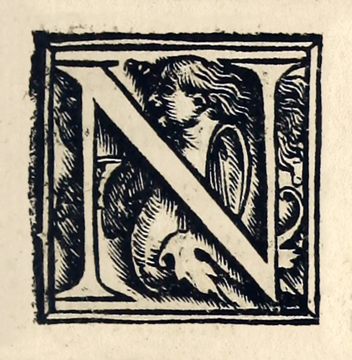 Upplyst "N" från 1518 års Basel tredje upplagan av "Utopia" av Sir Thomas More (1478-1535) publicerad första gången 1516. Träsnitt av Hans Holbein den yngre (ca 1497-1543) av Hans Holbein der Jüngere
