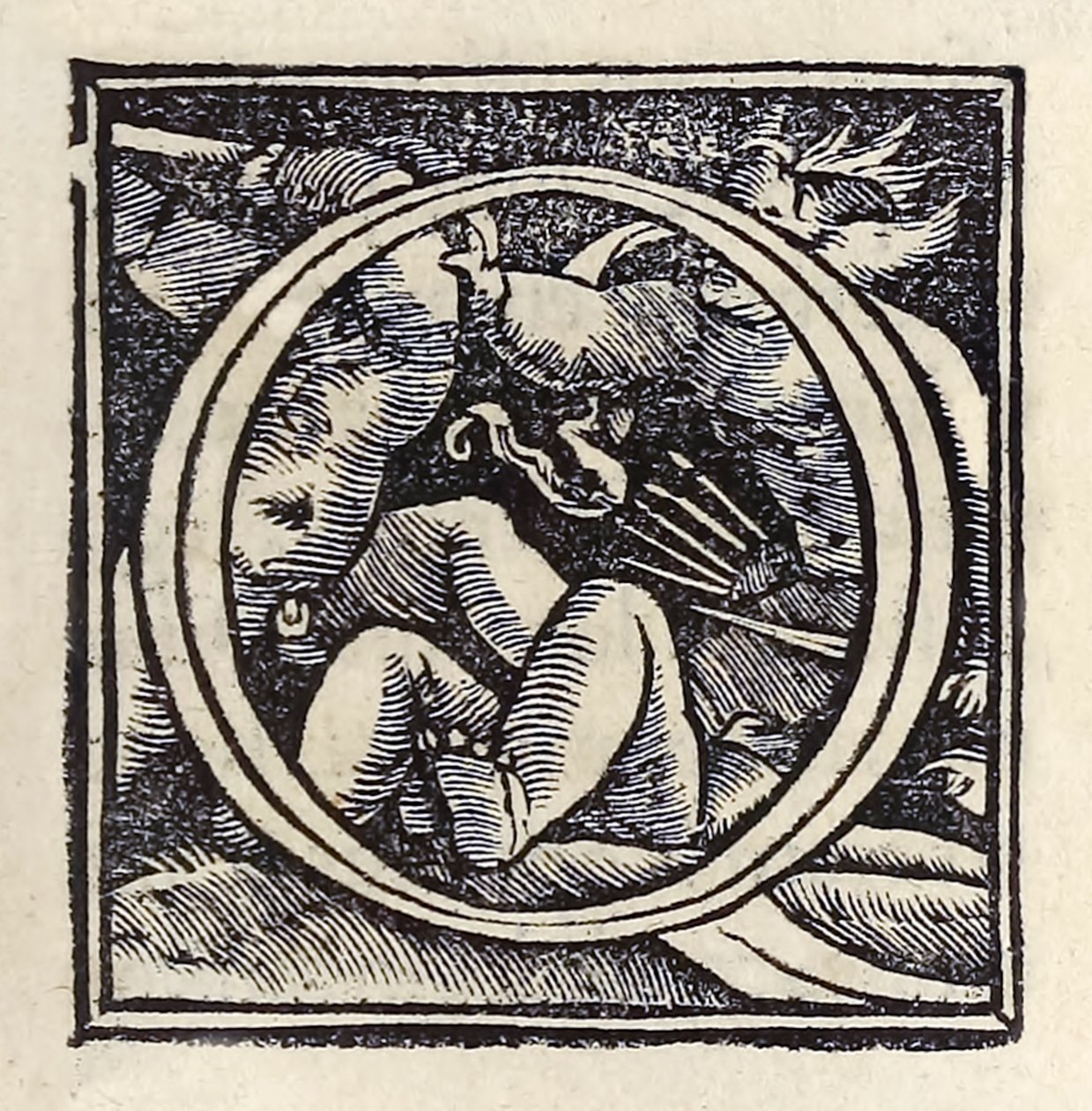 Upplyst "O" från 1518 års Basel tredje upplagan av "Utopia" av Sir Thomas More (1478-1535) publicerad första gången 1516. Träsnitt av Hans Holbein den yngre (ca 1497-1543) som visar puttistrider. av Hans Holbein der Jüngere
