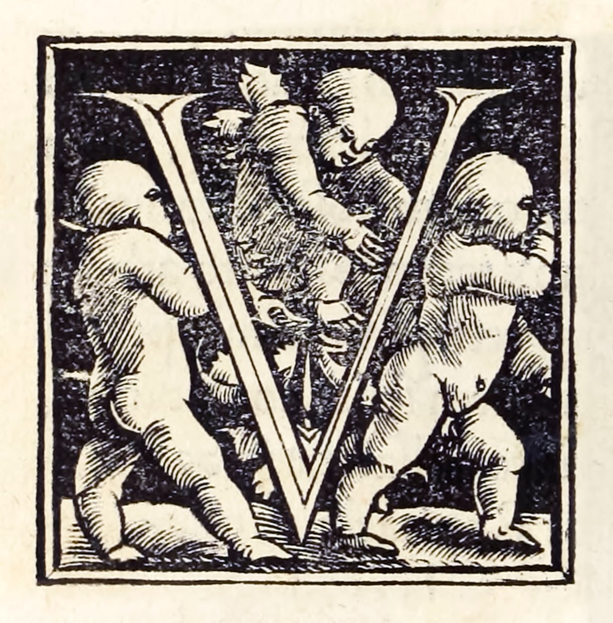 Upplyst "V" från 1518 års Basel tredje upplagan av "Utopia" av Sir Thomas More (1478-1535) publicerad första gången 1516. Träsnitt av Hans Holbein den yngre (ca 1497-1543) av Hans Holbein der Jüngere