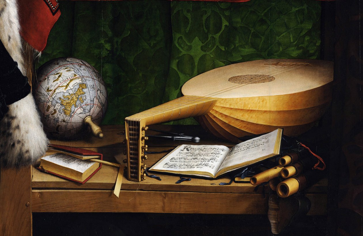 Ambassadörerna (Jean de Dinteville (1504-1555 eller 1557) och Georges de Selve (1506-1541). (Ambassadörerna (Jean de Dinteville och Georges de Selve). Detalj av instrumenten på nedre hyllan: jordklot, bokarithmetik , en luta med en co av Hans Holbein der Jüngere