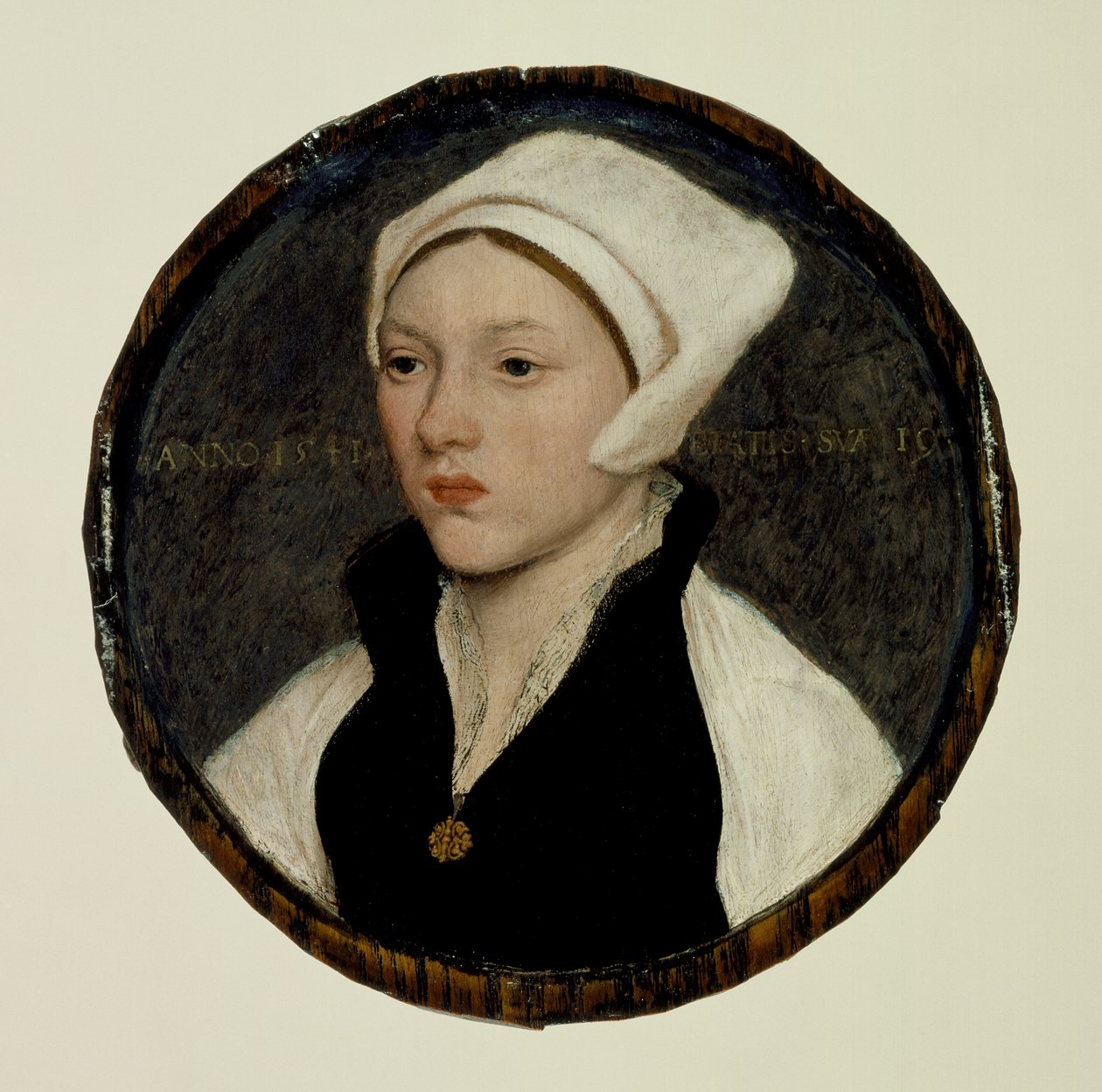 Porträtt av en ung kvinna med vit hätta av Hans Holbein the Younger